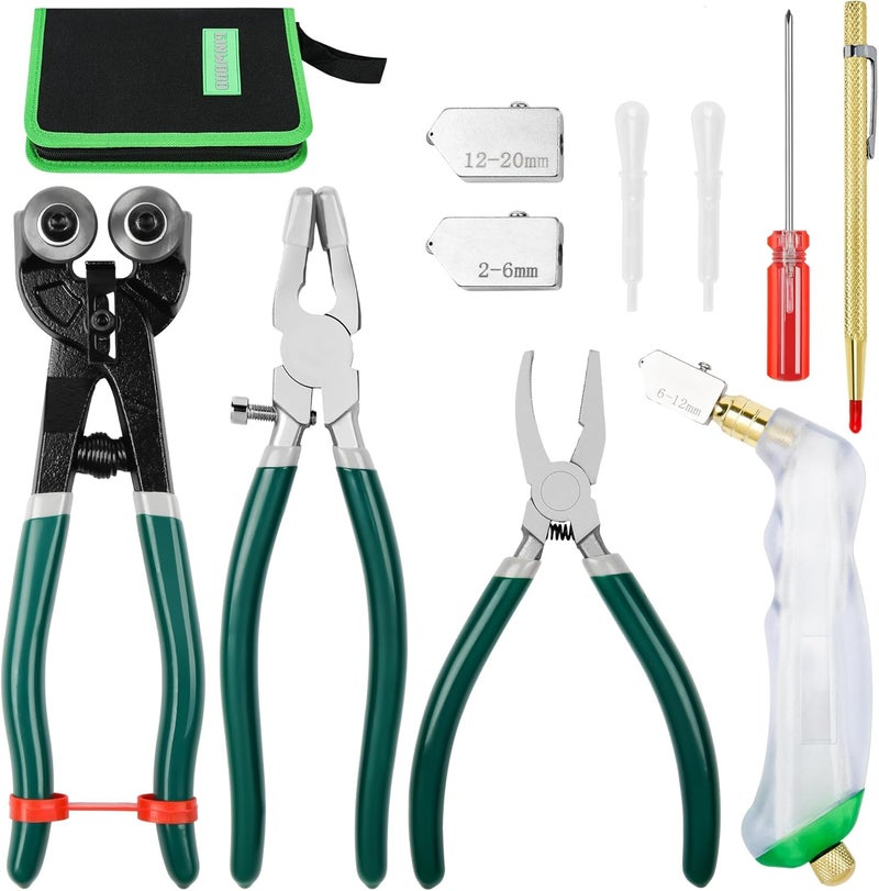 GINWORD 10Pcs Heavy Duty Glass Cutters Tools Kit, Wheeled Glass Tile Nippers Glass Running Breaking Pliers, Breaker Grozer Pliers with Curved Jaws, for Stained Glass, Mosaics, Fusing, Breaking - Image 1